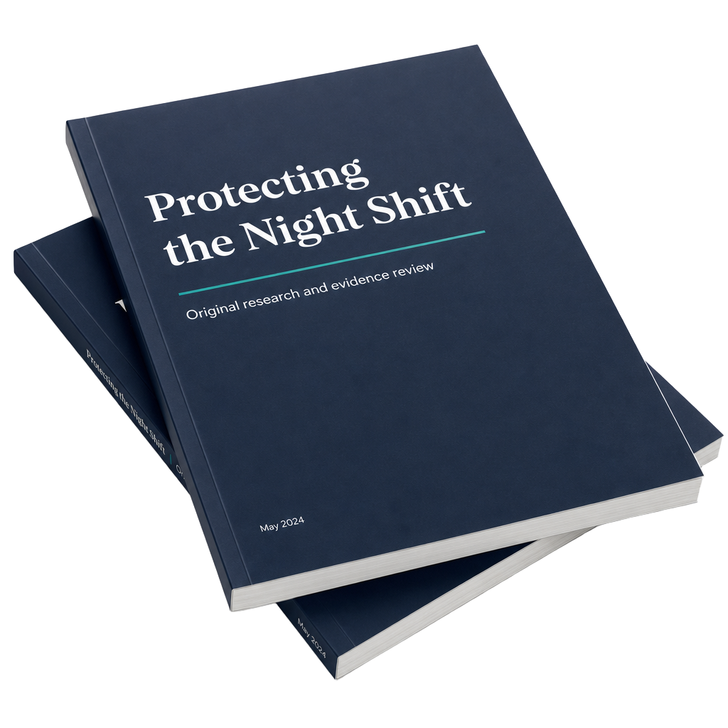 Printed cover of the Protecting the Night Shift research report